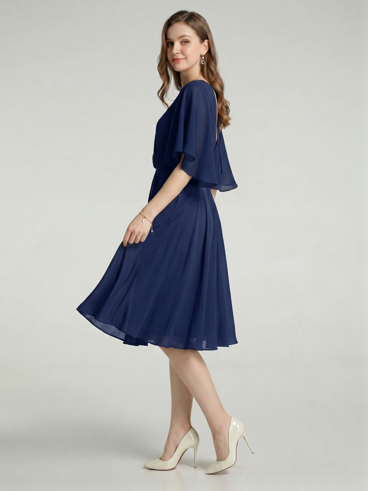 Modest Navy Blue Chiffon A-Line Scoop Neck Backless with Pleated Knee-Length Bridesmaid Dress - Curvevia