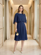 Modest Navy Blue Chiffon A-Line Scoop Neck Backless with Pleated Knee-Length Bridesmaid Dress - Curvevia