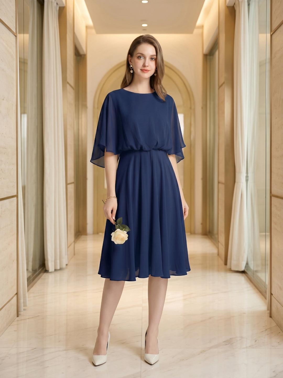 Modest Navy Blue Chiffon A-Line Scoop Neck Backless with Pleated Knee-Length Bridesmaid Dress - Curvevia