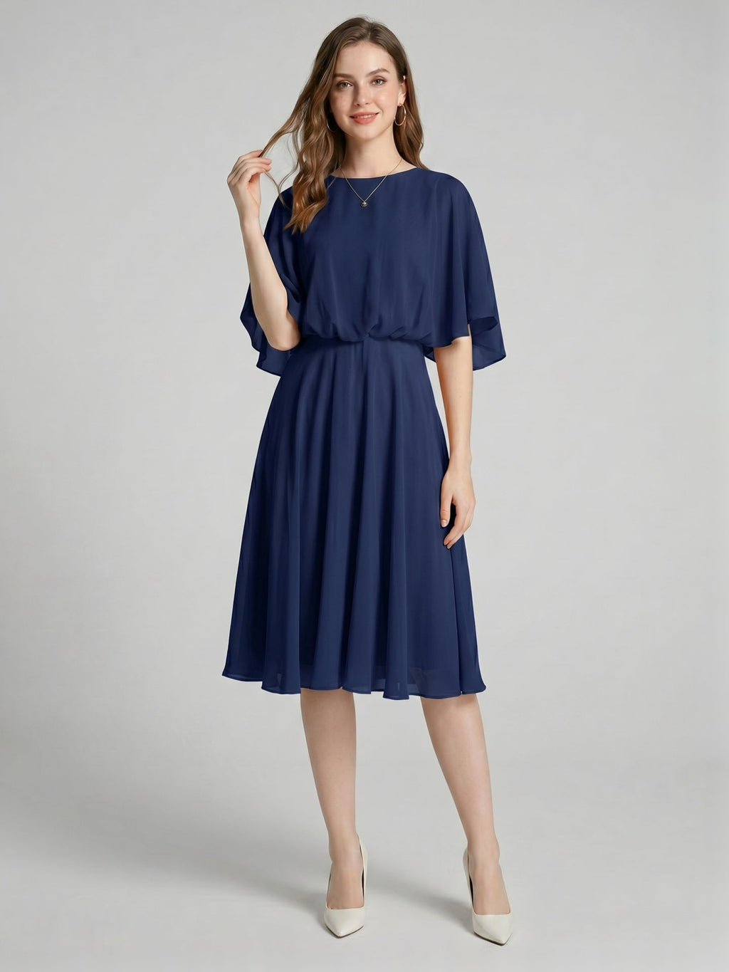Modest Navy Blue Chiffon A-Line Scoop Neck Backless with Pleated Knee-Length Bridesmaid Dress - Curvevia