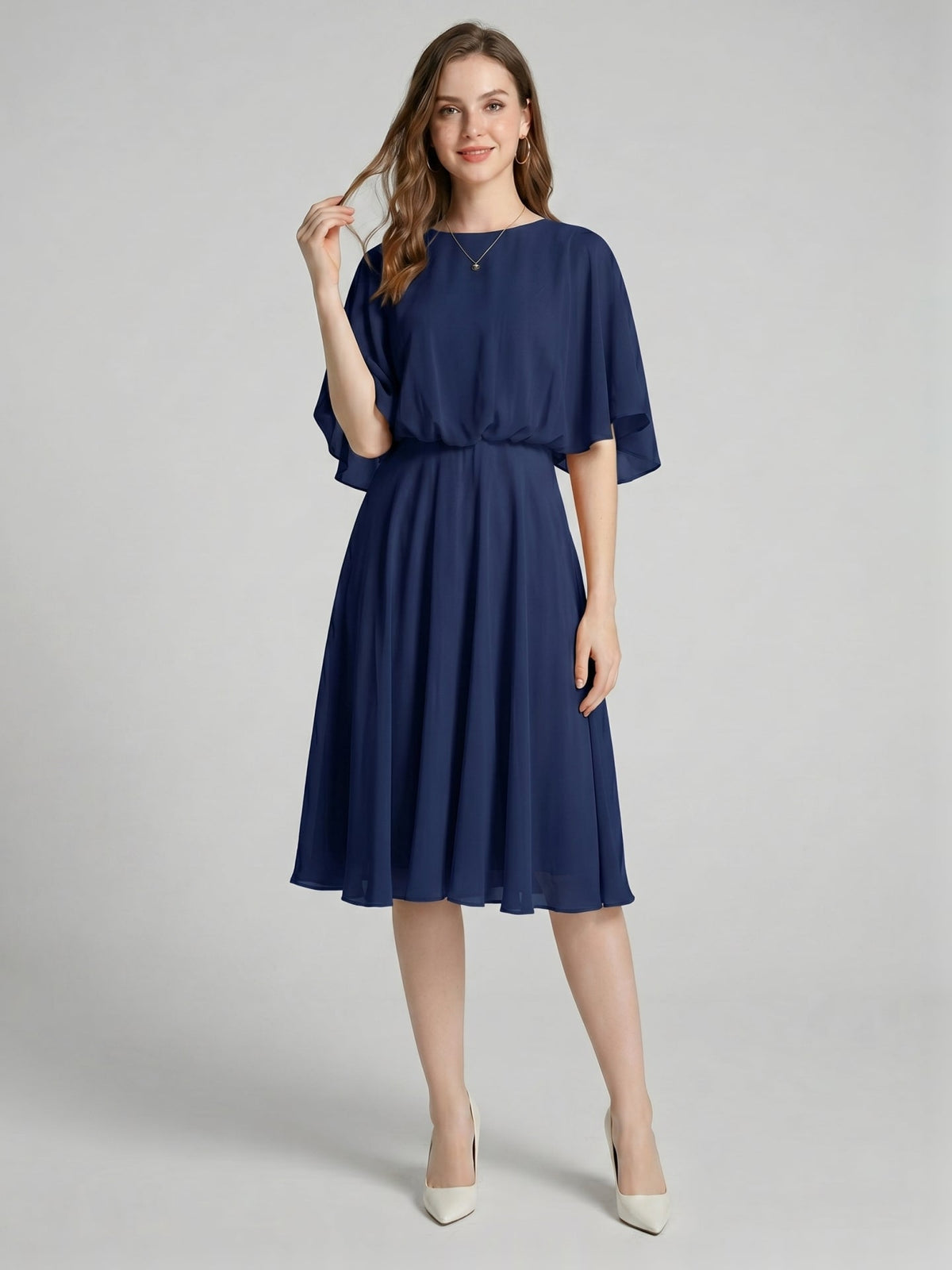 Modest Navy Blue Chiffon A-Line Scoop Neck Backless with Pleated Knee-Length Bridesmaid Dress - Curvevia