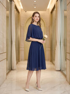 Modest Navy Blue Chiffon A-Line Scoop Neck Backless with Pleated Knee-Length Bridesmaid Dress - Curvevia