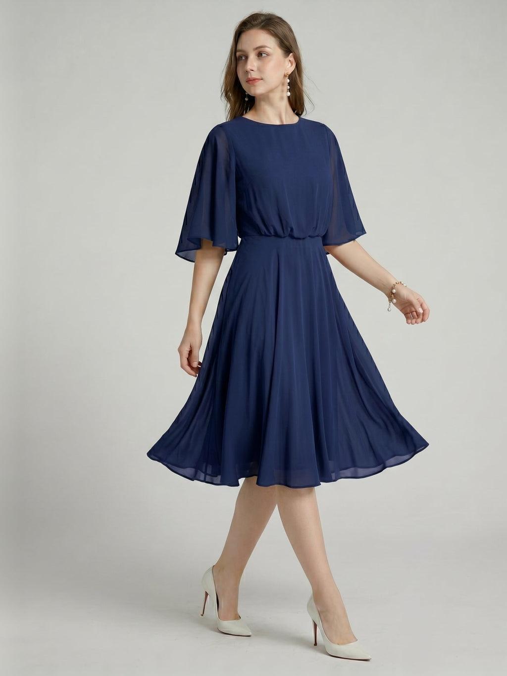 Modest Navy Blue Chiffon A-Line Scoop Neck Backless with Pleated Knee-Length Bridesmaid Dress - Curvevia