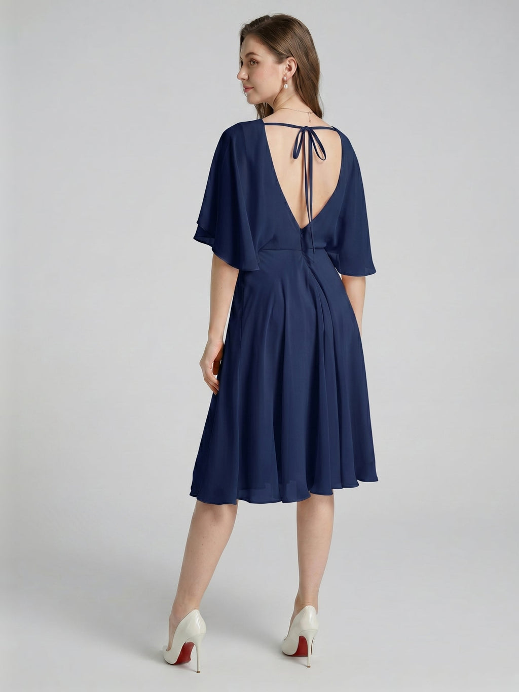 Modest Navy Blue Chiffon A-Line Scoop Neck Backless with Pleated Knee-Length Bridesmaid Dress - Curvevia
