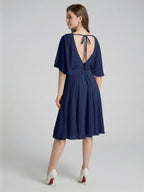 Modest Navy Blue Chiffon A-Line Scoop Neck Backless with Pleated Knee-Length Bridesmaid Dress - Curvevia