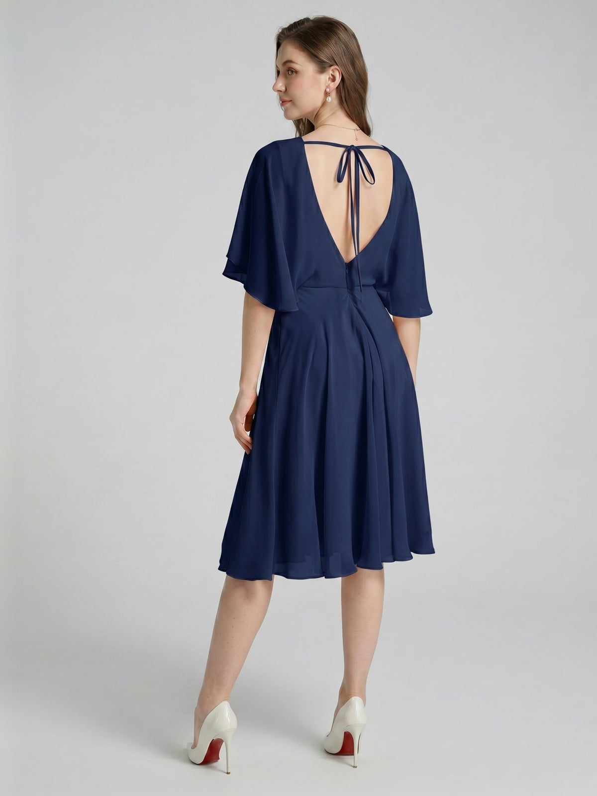 Modest Navy Blue Chiffon A-Line Scoop Neck Backless with Pleated Knee-Length Bridesmaid Dress - Curvevia