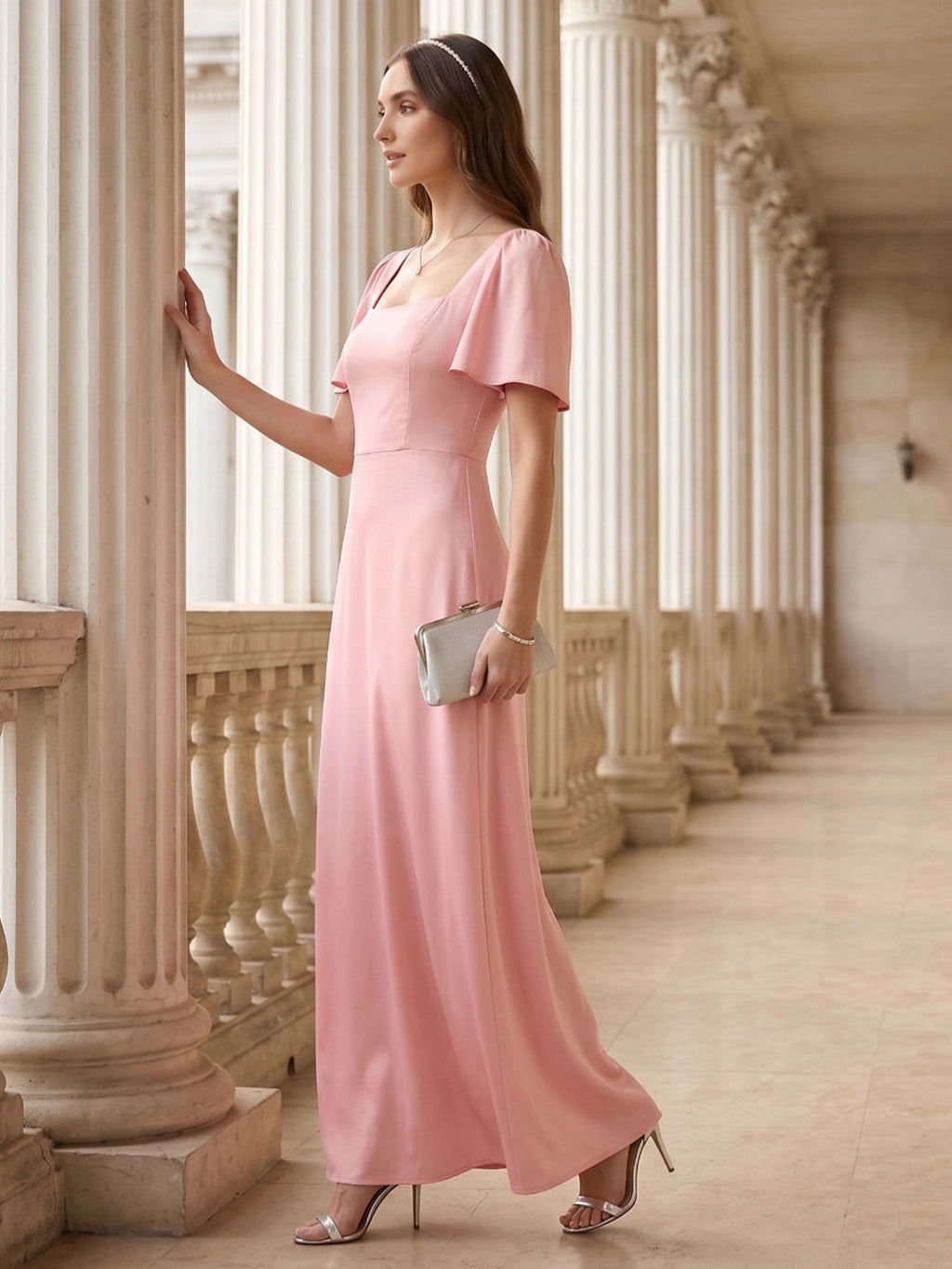 Modest Petal Matte Satin A-Line Square Neck Backless Ankle-Length Bridesmaid Dress - Curvevia