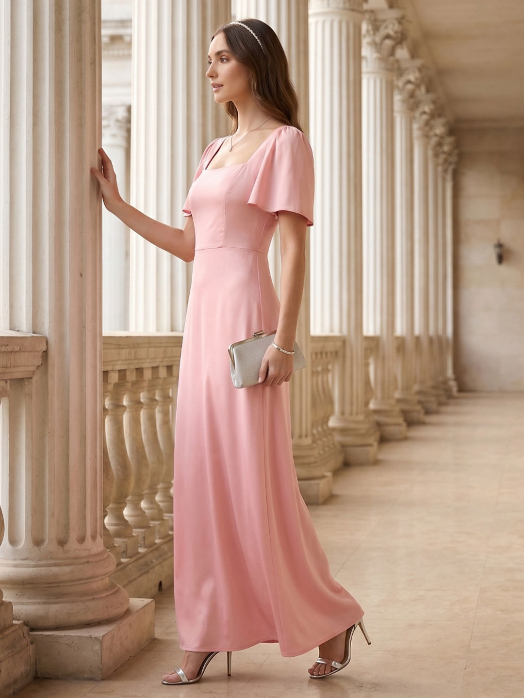 Modest Petal Matte Satin A-Line Square Neck Backless Ankle-Length Bridesmaid Dress - Curvevia