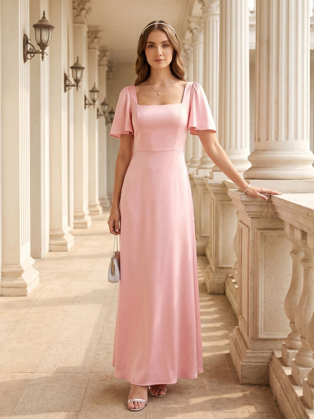 Modest Petal Matte Satin A-Line Square Neck Backless Ankle-Length Bridesmaid Dress - Curvevia
