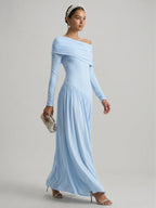 Modest Sky Blue Stretch Knit Column Off-the-Shoulder Corset Back Ankle-Length Bridesmaid Dress - Curvevia