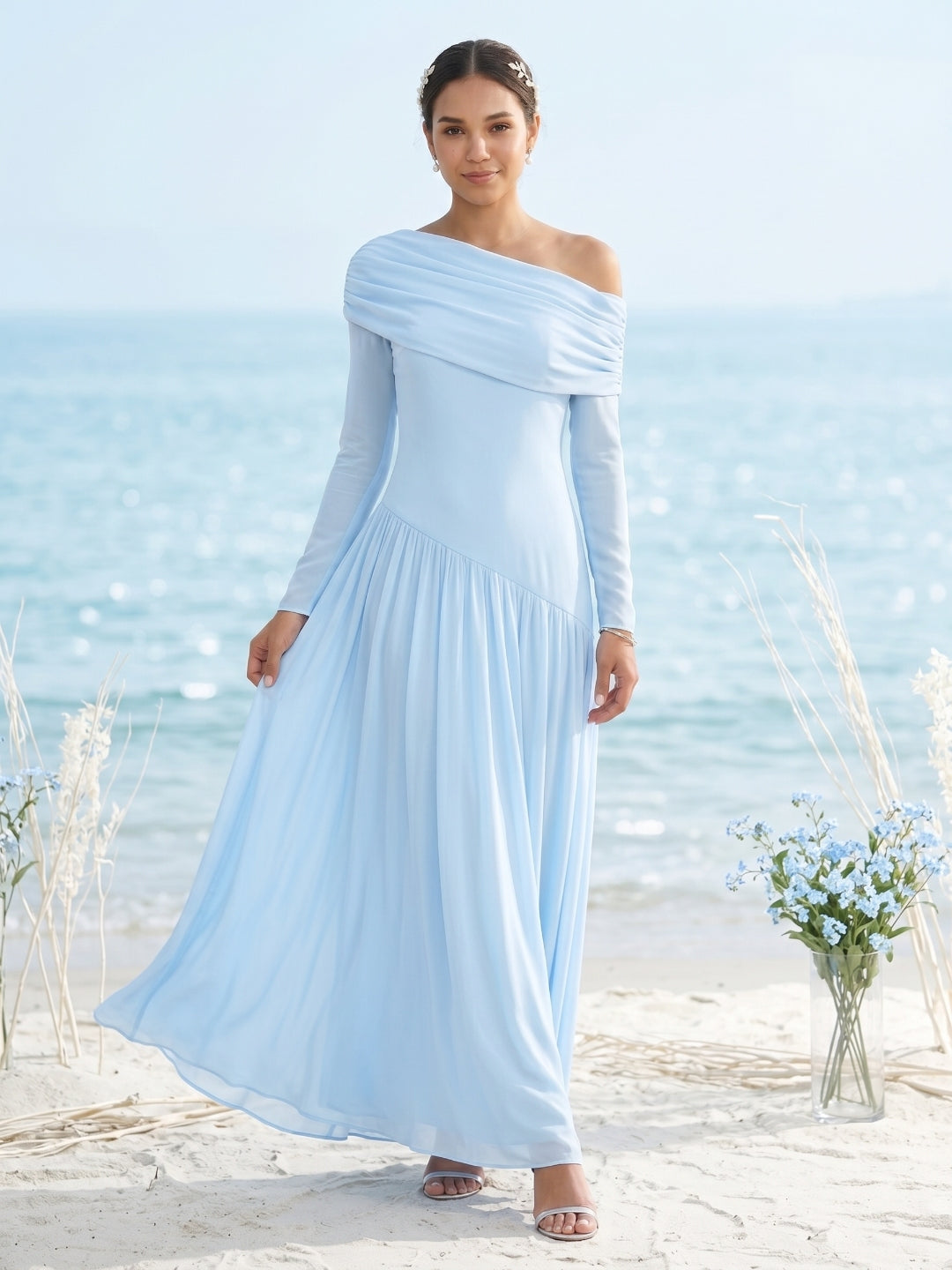 Modest Sky Blue Stretch Knit Column Off-the-Shoulder Corset Back Ankle-Length Bridesmaid Dress - Curvevia