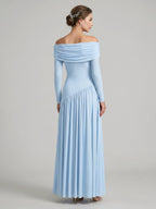 Modest Sky Blue Stretch Knit Column Off-the-Shoulder Corset Back Ankle-Length Bridesmaid Dress - Curvevia