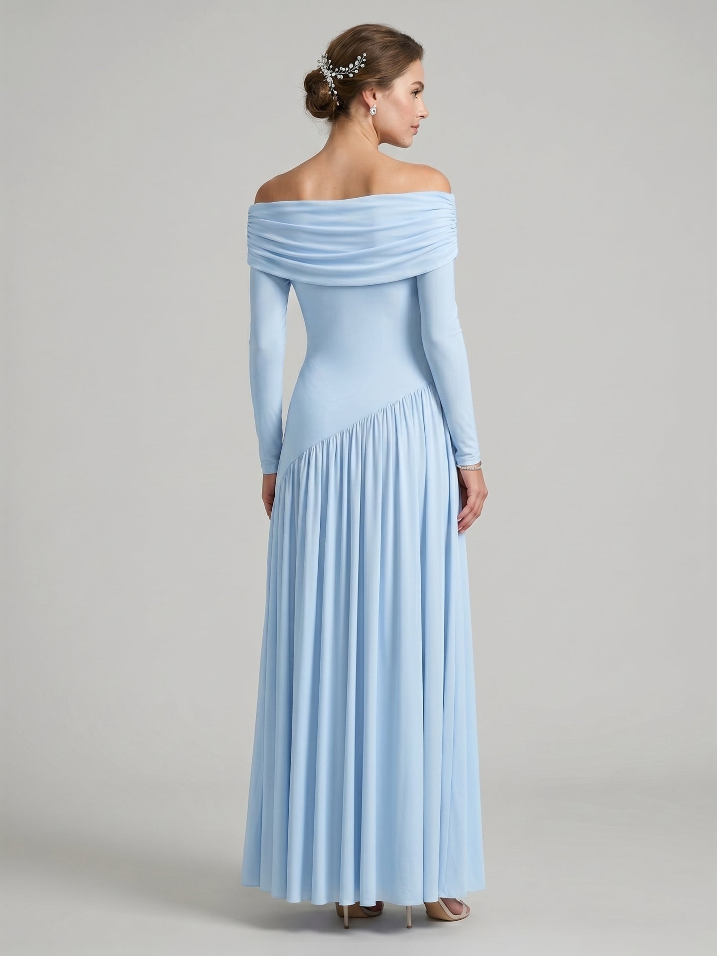 Modest Sky Blue Stretch Knit Column Off-the-Shoulder Corset Back Ankle-Length Bridesmaid Dress - Curvevia