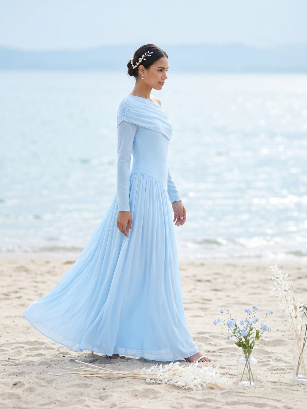 Modest Sky Blue Stretch Knit Column Off-the-Shoulder Corset Back Ankle-Length Bridesmaid Dress - Curvevia