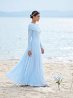 Modest Sky Blue Stretch Knit Column Off-the-Shoulder Corset Back Ankle-Length Bridesmaid Dress - Curvevia