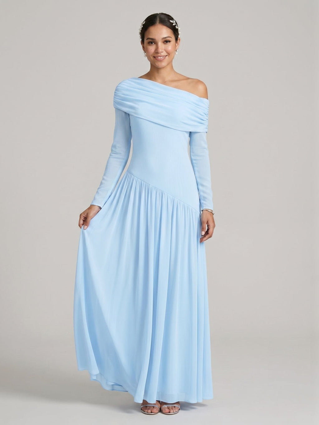 Modest Sky Blue Stretch Knit Column Off-the-Shoulder Corset Back Ankle-Length Bridesmaid Dress - Curvevia