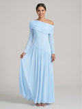 Modest Sky Blue Stretch Knit Column Off-the-Shoulder Corset Back Ankle-Length Bridesmaid Dress - Curvevia