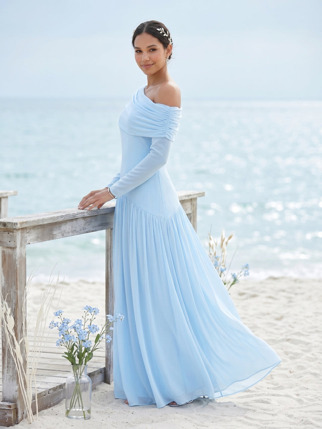 Modest Sky Blue Stretch Knit Column Off-the-Shoulder Corset Back Ankle-Length Bridesmaid Dress - Curvevia