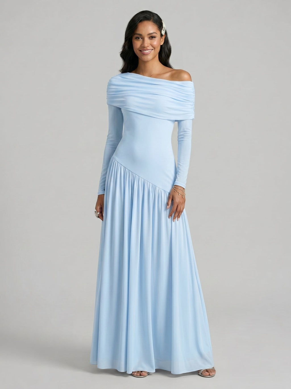 Modest Sky Blue Stretch Knit Column Off-the-Shoulder Corset Back Ankle-Length Bridesmaid Dress - Curvevia