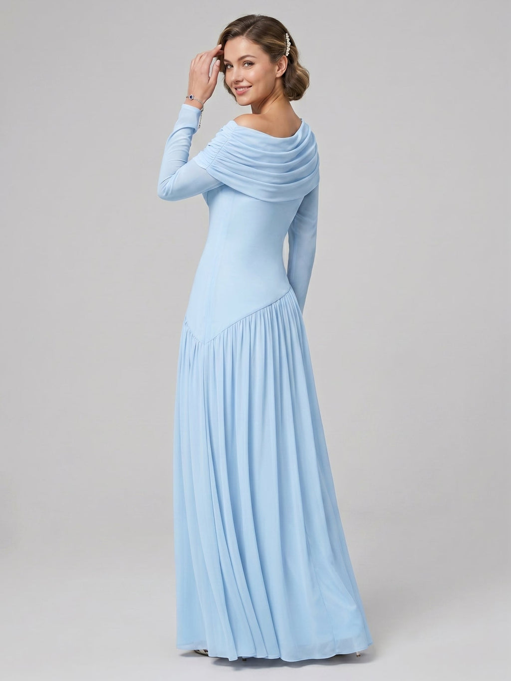 Modest Sky Blue Stretch Knit Column Off-the-Shoulder Corset Back Ankle-Length Bridesmaid Dress - Curvevia