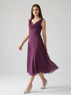 Mulberry Chiffon A-Line Cowl Neck Back Zip Tea-Length Dress with Sequins - Curvevia