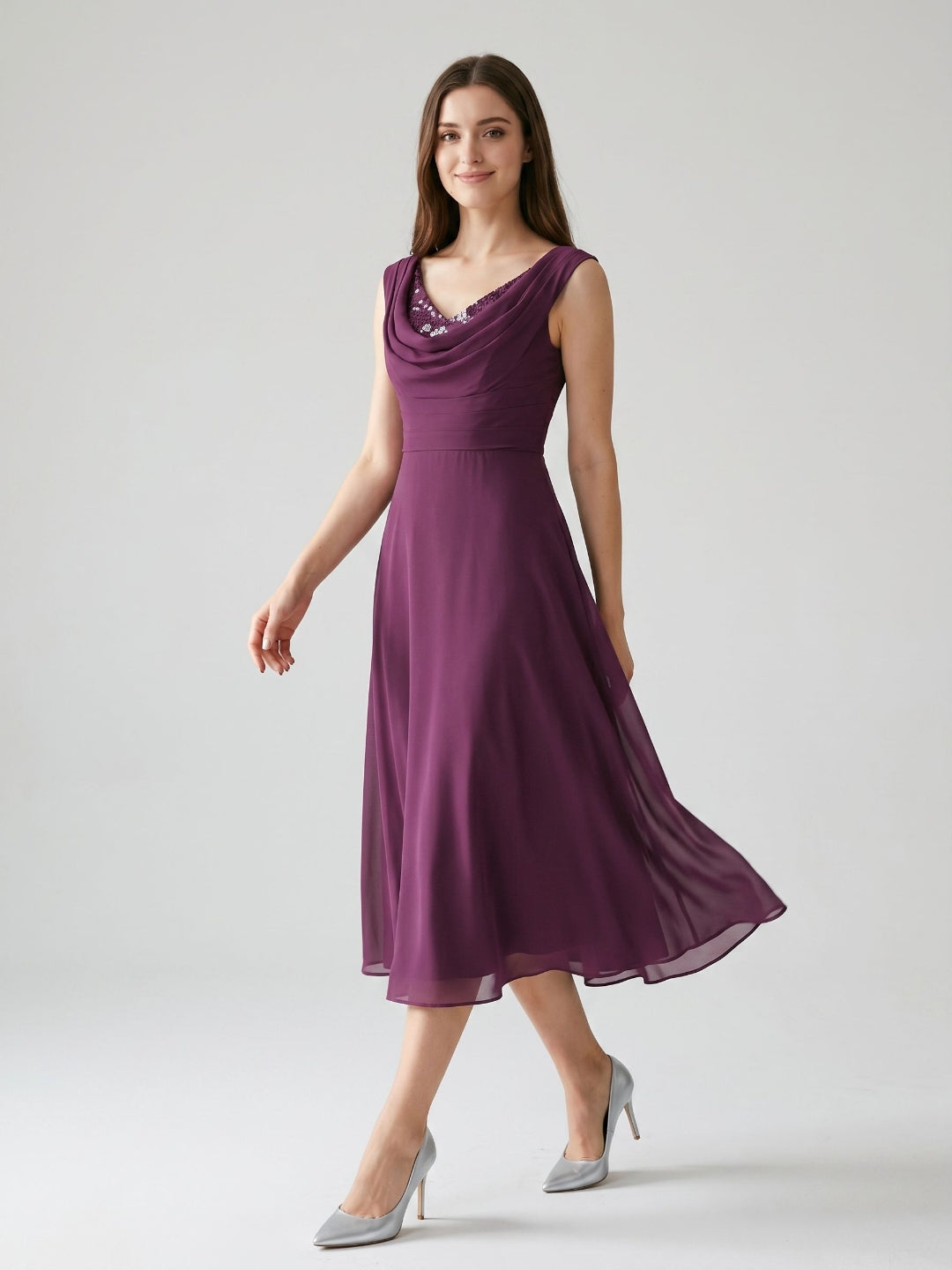 Mulberry Chiffon A-Line Cowl Neck Back Zip Tea-Length Dress with Sequins - Curvevia
