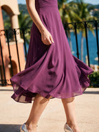 Mulberry Chiffon A-Line Cowl Neck Back Zip Tea-Length Dress with Sequins - Curvevia