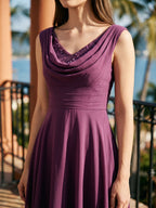 Mulberry Chiffon A-Line Cowl Neck Back Zip Tea-Length Dress with Sequins - Curvevia