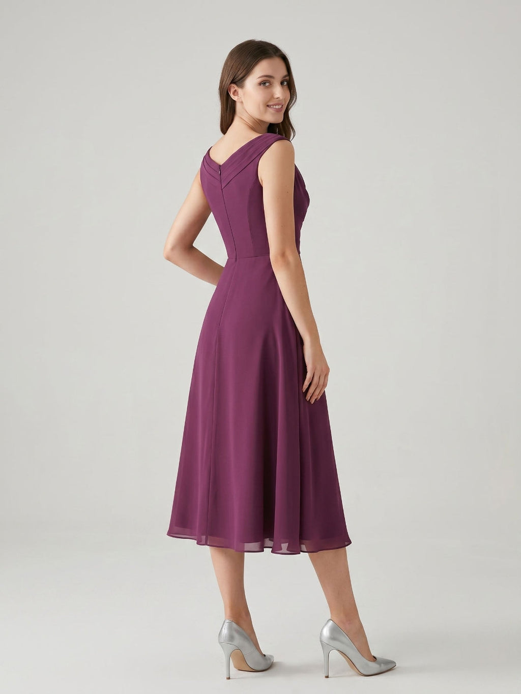Mulberry Chiffon A-Line Cowl Neck Back Zip Tea-Length Dress with Sequins - Curvevia