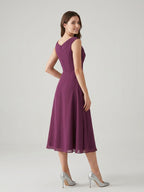 Mulberry Chiffon A-Line Cowl Neck Back Zip Tea-Length Dress with Sequins - Curvevia