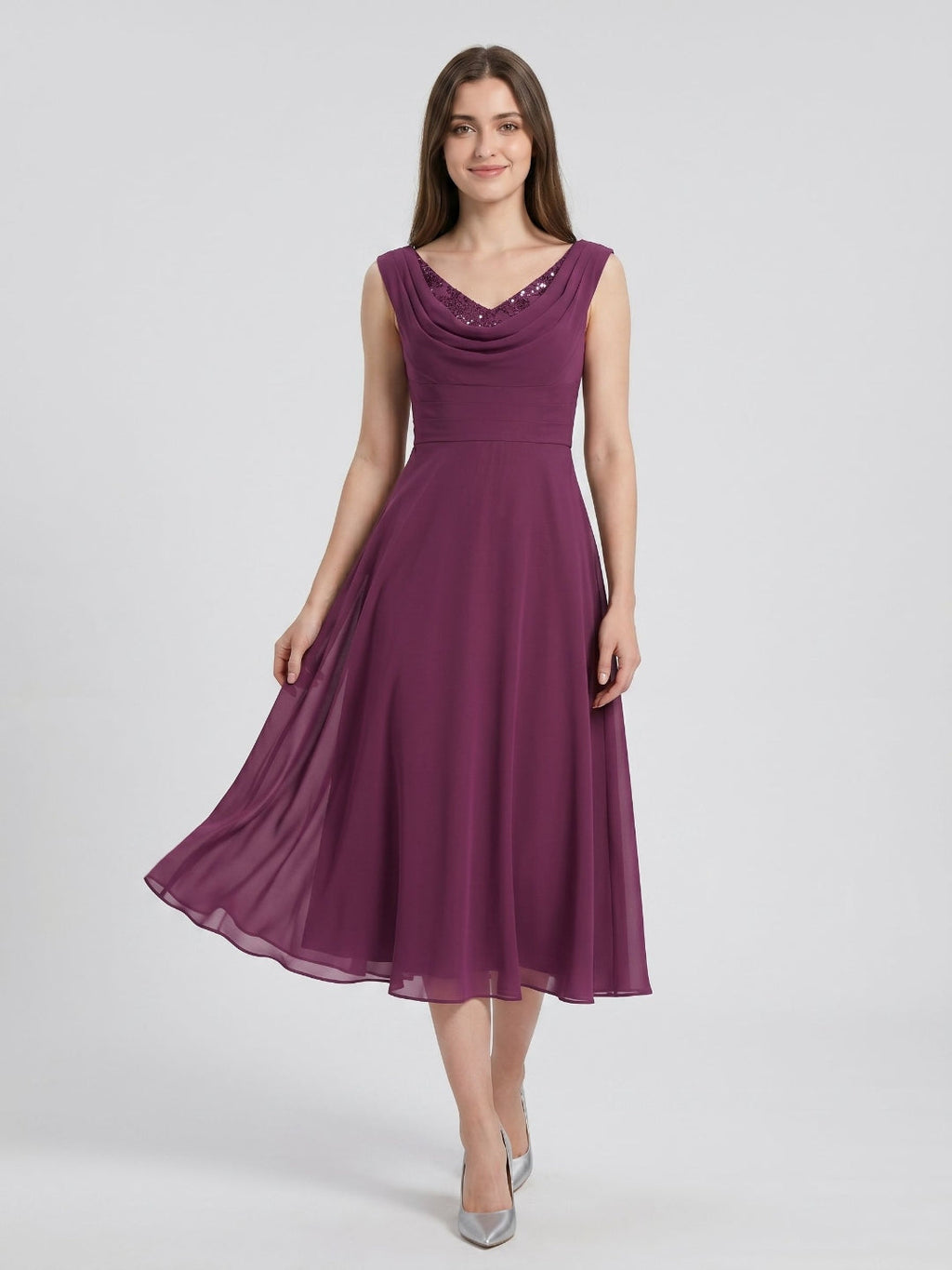 Mulberry Chiffon A-Line Cowl Neck Back Zip Tea-Length Dress with Sequins - Curvevia