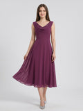 Mulberry Chiffon A-Line Cowl Neck Back Zip Tea-Length Dress with Sequins - Curvevia