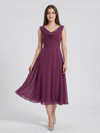 Mulberry Chiffon A-Line Cowl Neck Back Zip Tea-Length Dress with Sequins - Curvevia