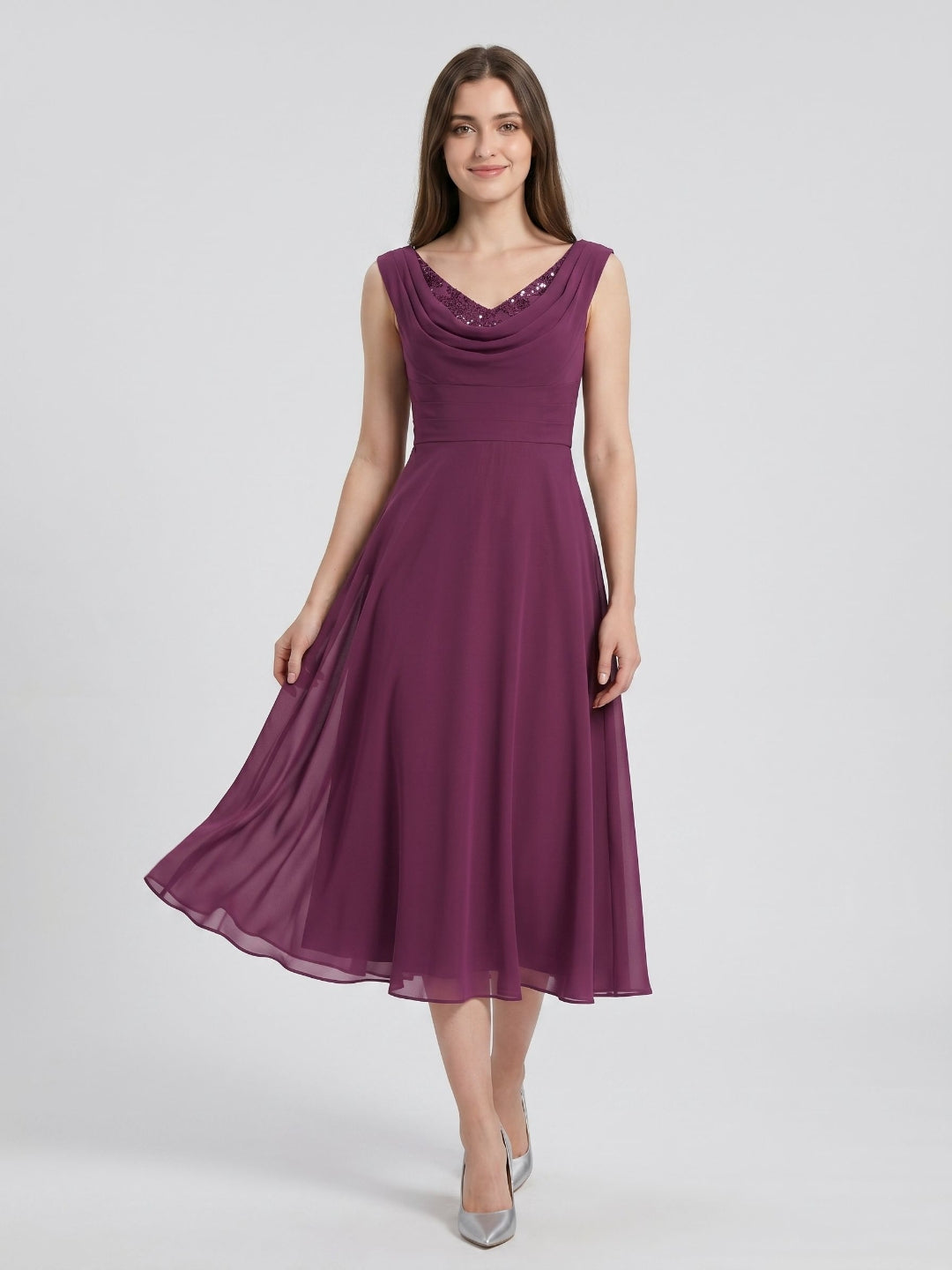 Mulberry Chiffon A-Line Cowl Neck Back Zip Tea-Length Dress with Sequins - Curvevia