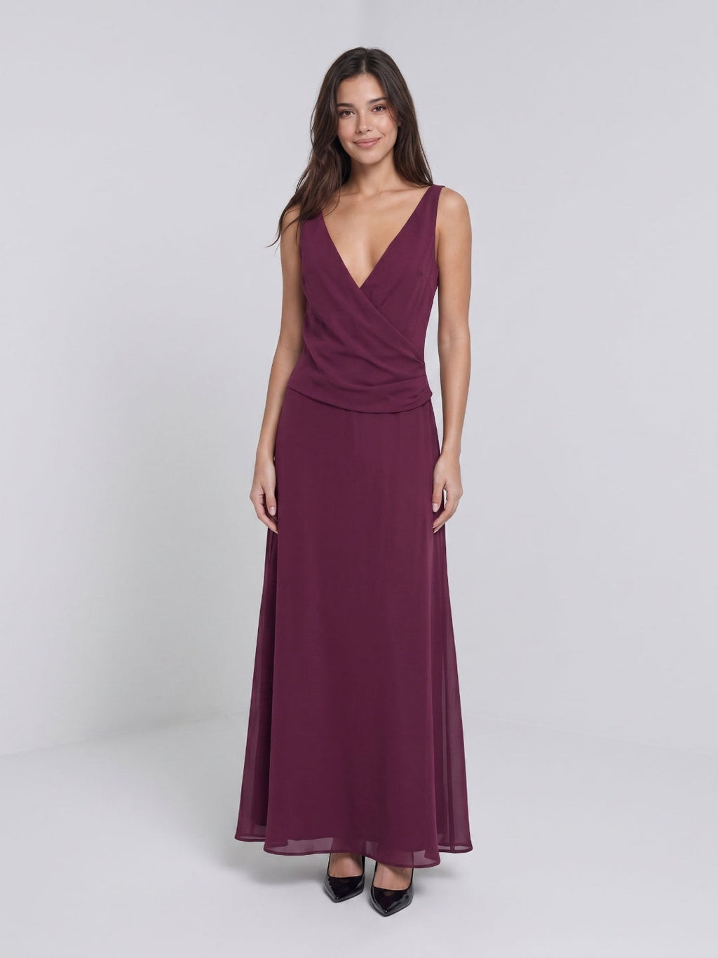 Mulberry Chiffon Column V-Neck Backless Floor-Length Formal Dress with Pleating - Curvevia