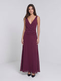 Mulberry Chiffon Column V-Neck Backless Floor-Length Formal Dress with Pleating - Curvevia