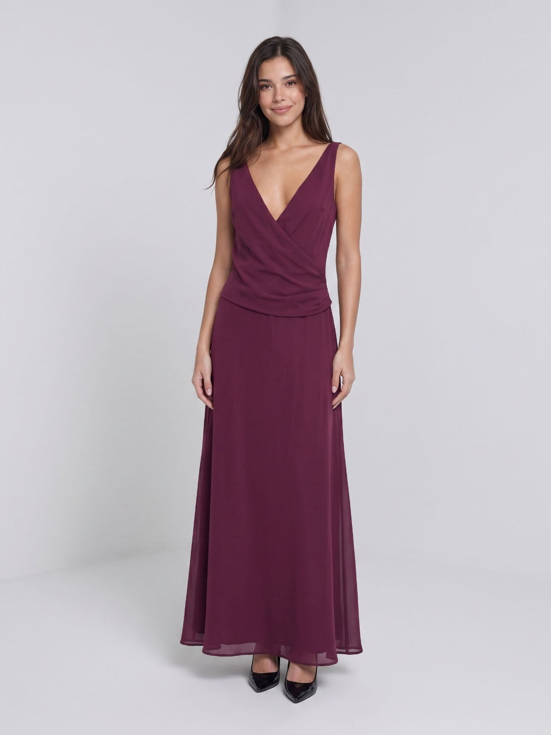 Mulberry Chiffon Column V-Neck Backless Floor-Length Formal Dress with Pleating - Curvevia