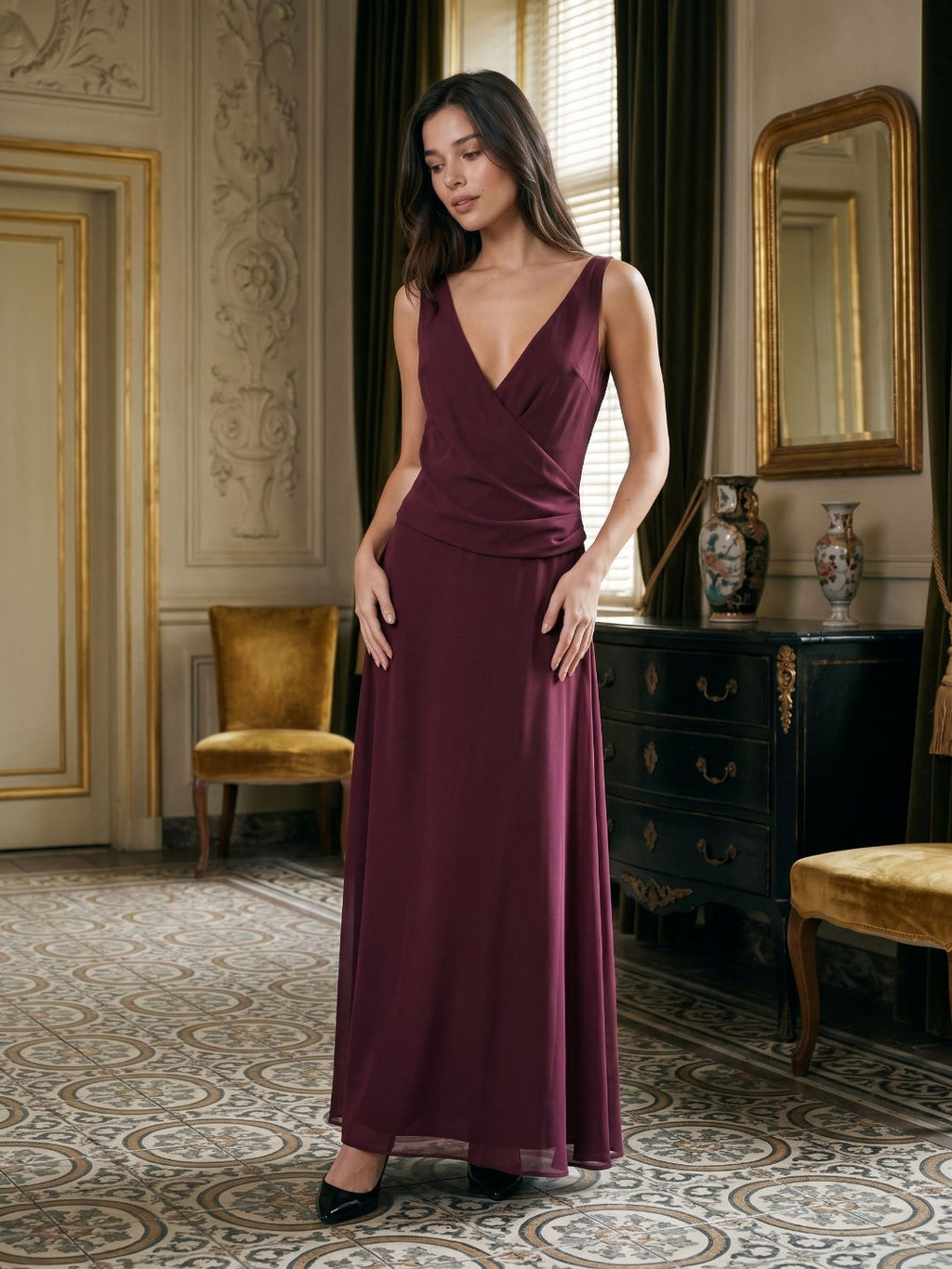 Mulberry Chiffon Column V-Neck Backless Floor-Length Formal Dress with Pleating - Curvevia