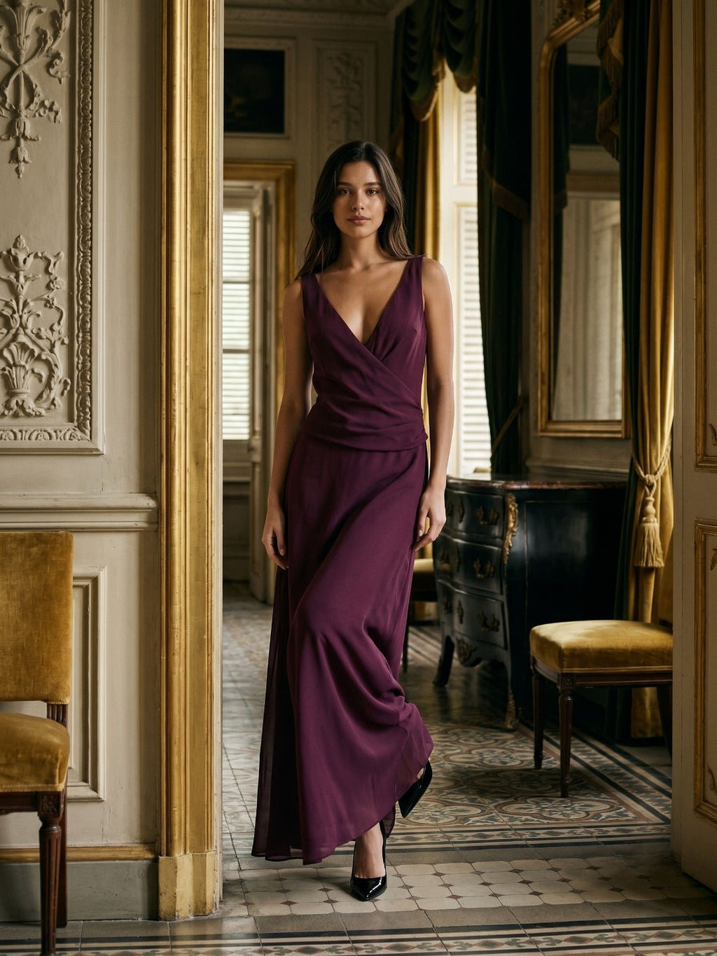 Mulberry Chiffon Column V-Neck Backless Floor-Length Formal Dress with Pleating - Curvevia