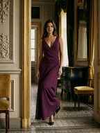 Mulberry Chiffon Column V-Neck Backless Floor-Length Formal Dress with Pleating - Curvevia