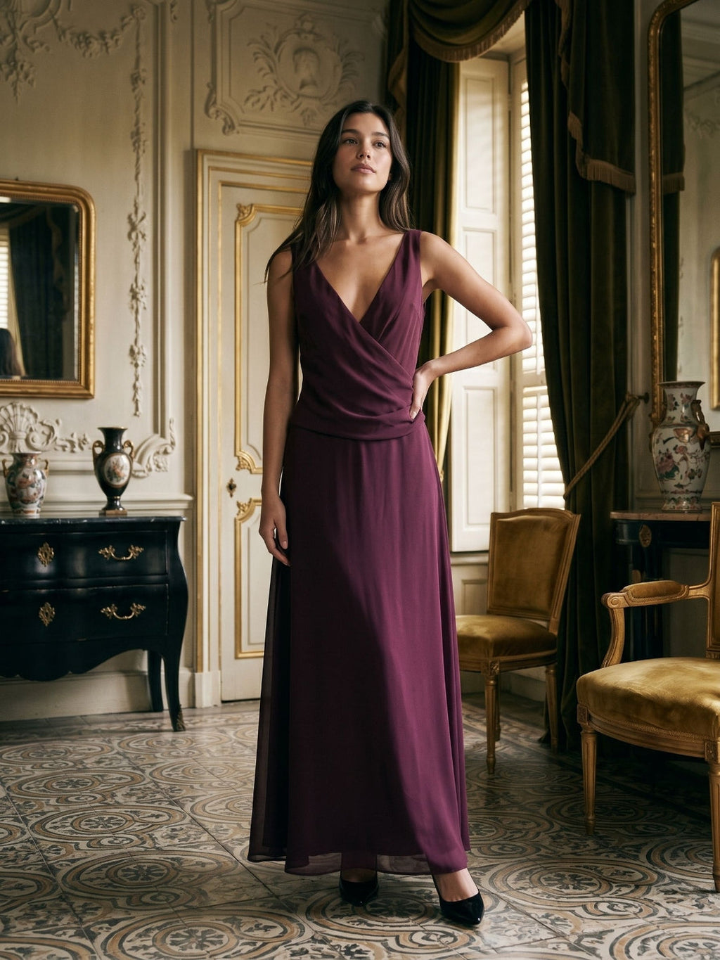 Mulberry Chiffon Column V-Neck Backless Floor-Length Formal Dress with Pleating - Curvevia