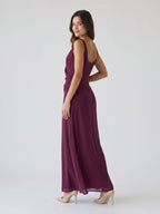 Mulberry Chiffon Column V-Neck Backless Floor-Length Formal Dress with Pleating - Curvevia