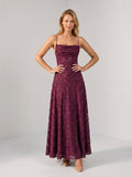 Mulberry Jacquard A-Line Criss-Cross Straps Floor-Length Formal Dress with Pleating - Curvevia