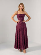 Mulberry Jacquard A-Line Criss-Cross Straps Floor-Length Formal Dress with Pleating - Curvevia