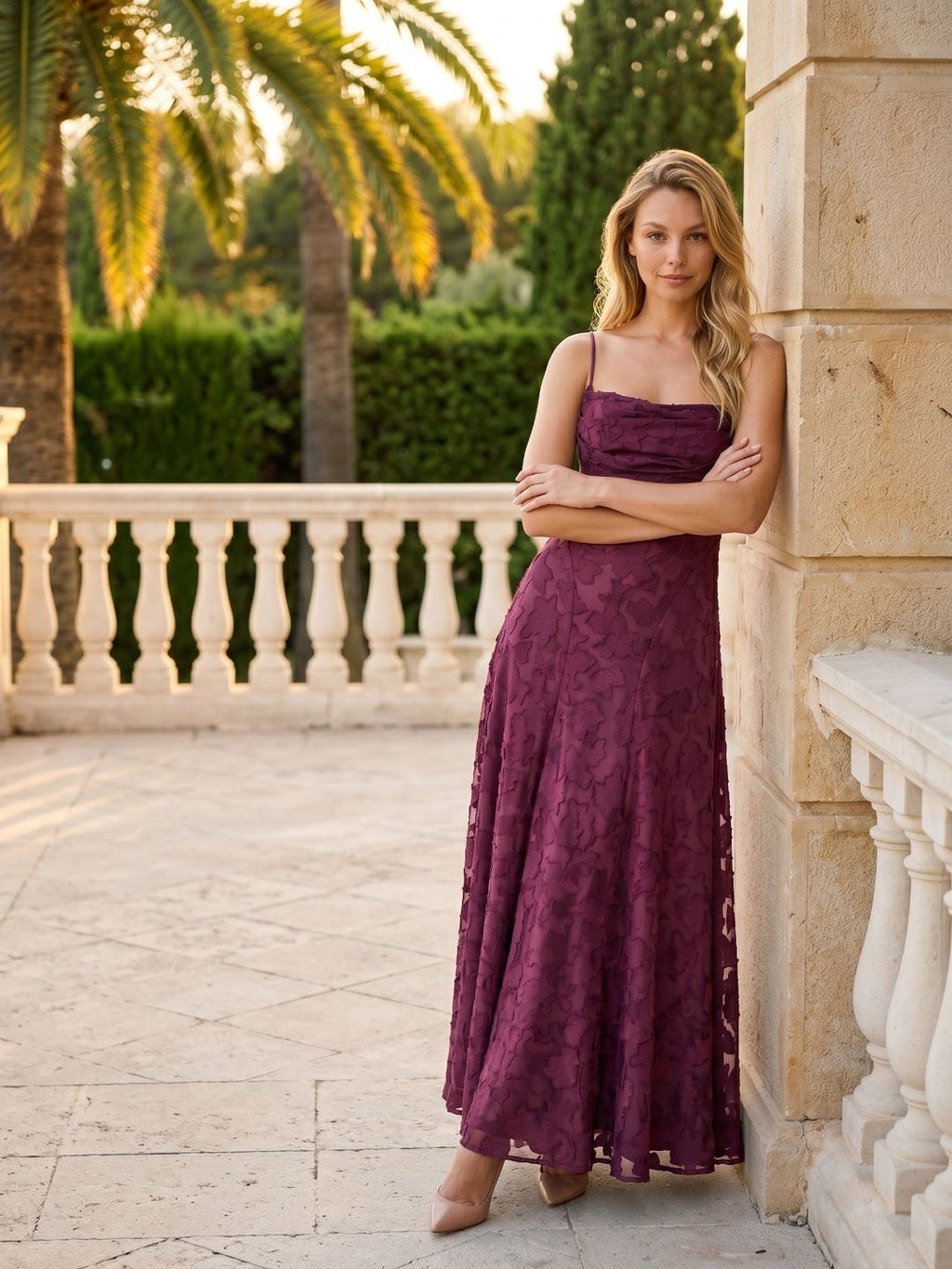 Mulberry Jacquard A-Line Criss-Cross Straps Floor-Length Formal Dress with Pleating - Curvevia