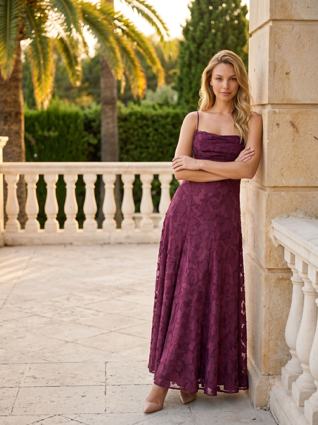Mulberry Jacquard A-Line Criss-Cross Straps Floor-Length Formal Dress with Pleating - Curvevia