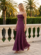 Mulberry Jacquard A-Line Criss-Cross Straps Floor-Length Formal Dress with Pleating - Curvevia