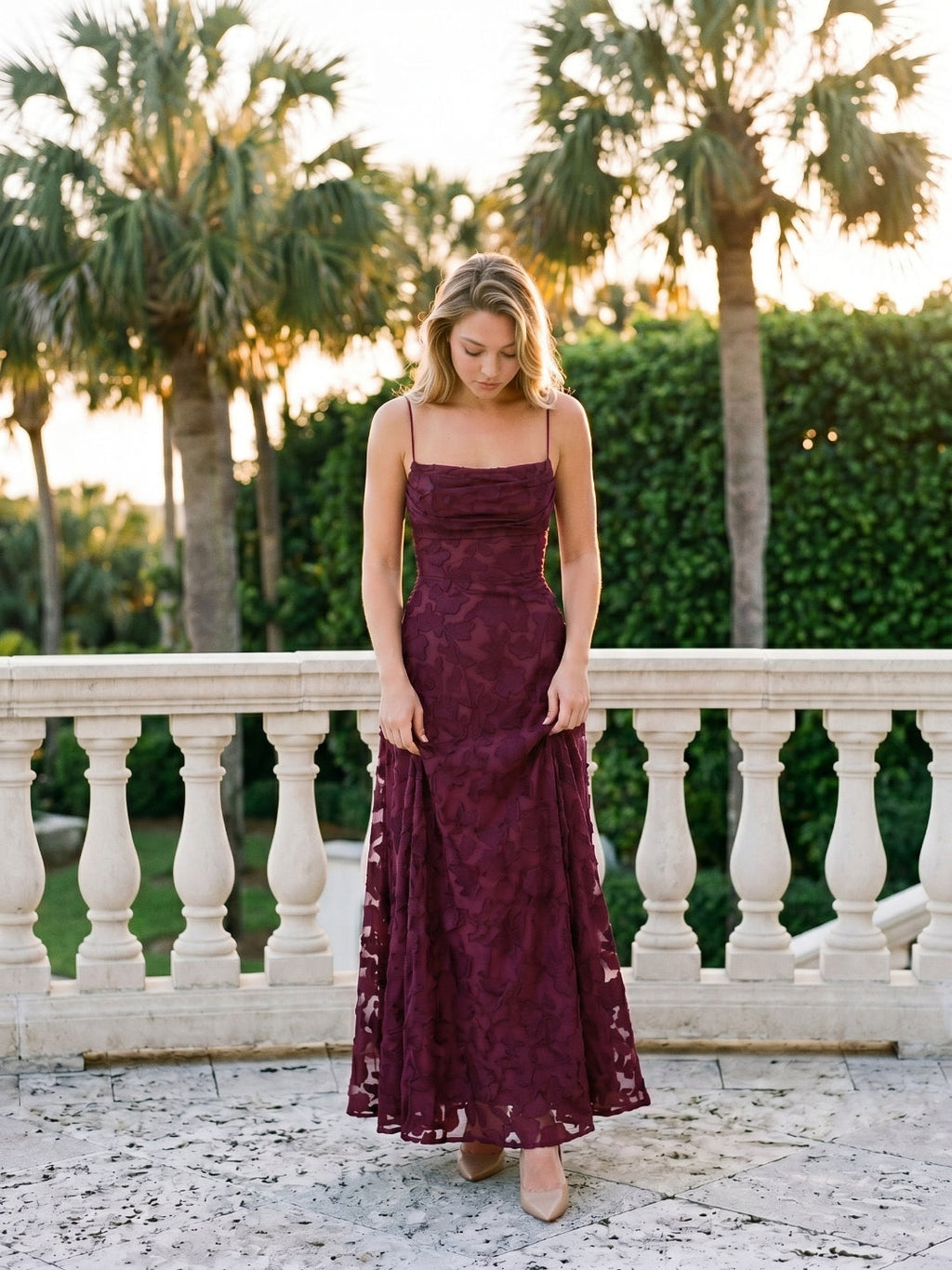 Mulberry Jacquard A-Line Criss-Cross Straps Floor-Length Formal Dress with Pleating - Curvevia