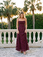 Mulberry Jacquard A-Line Criss-Cross Straps Floor-Length Formal Dress with Pleating - Curvevia