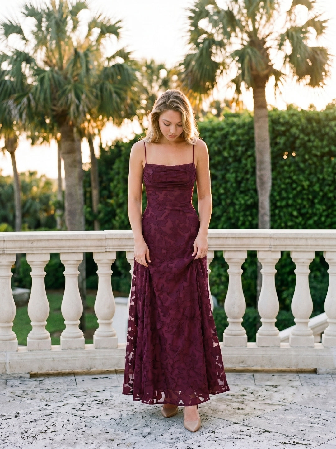 Mulberry Jacquard A-Line Criss-Cross Straps Floor-Length Formal Dress with Pleating - Curvevia